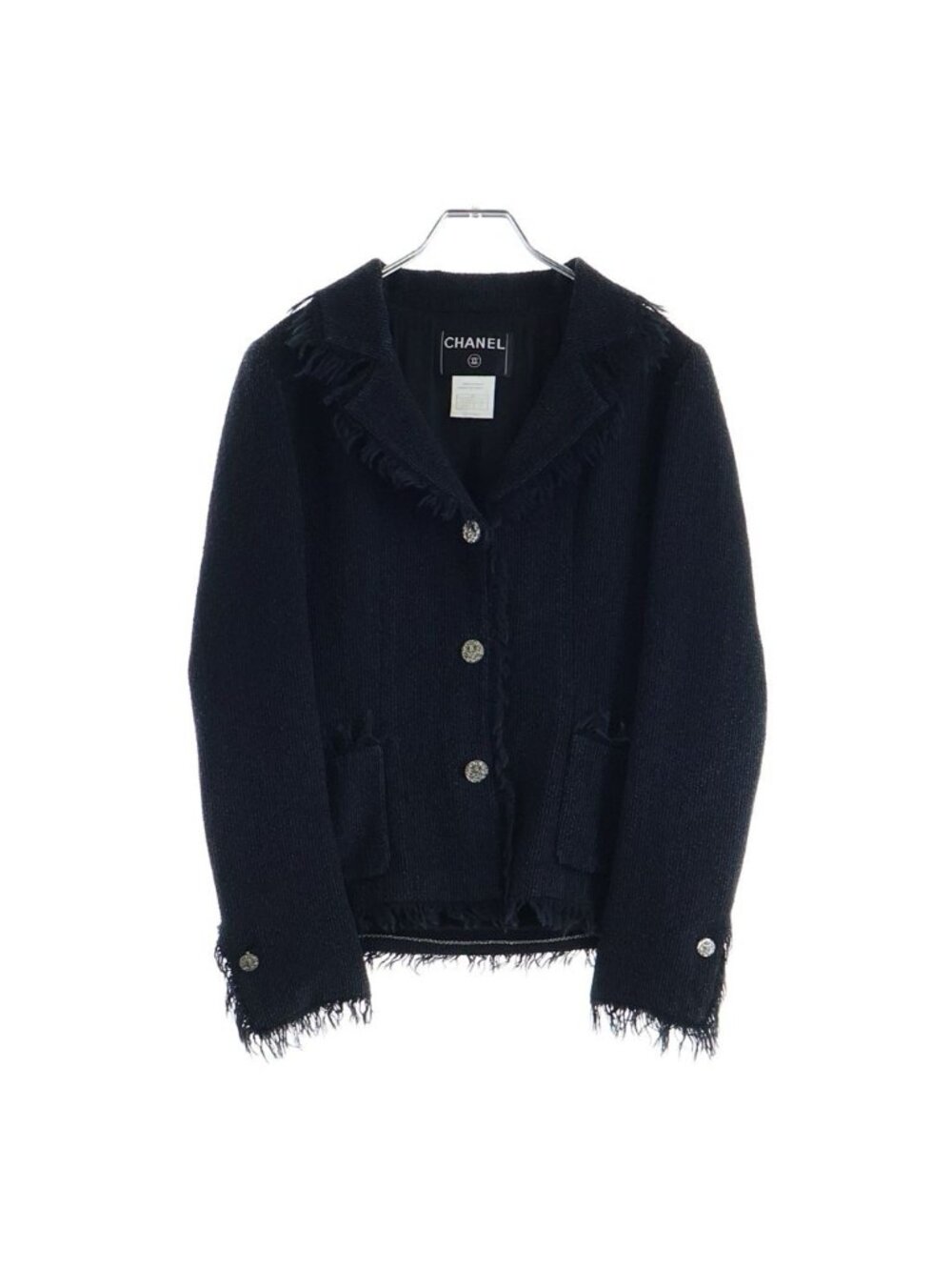 Chanel CC Logo Fringe Tweed Jacket Navy Silver
